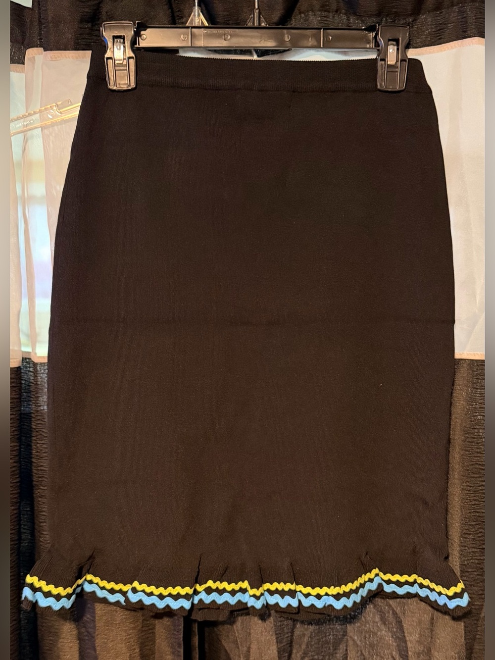 NWT Studio Black Pencil Skirt with Blue and Yellow Hem Trim